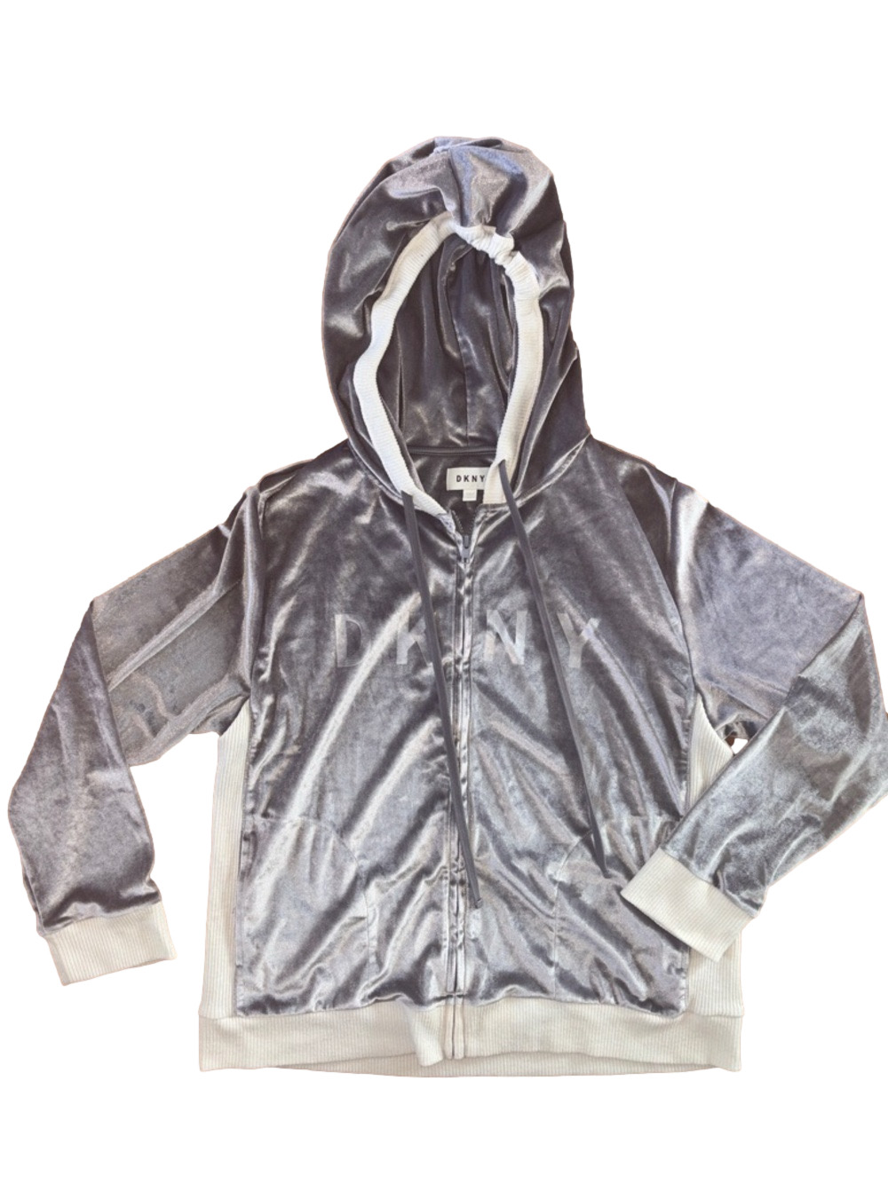 DKNY Zip Up Sweatshirt Hooded Velour Lightweight Jacket Size XL